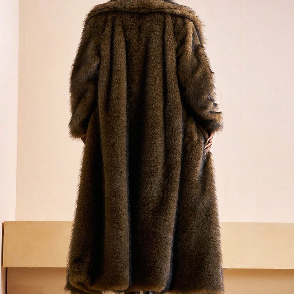 Brown Preppy Women's Fluffy Ombre Long Elegant Faux Fur Parka Coat - Picture 2 of 7